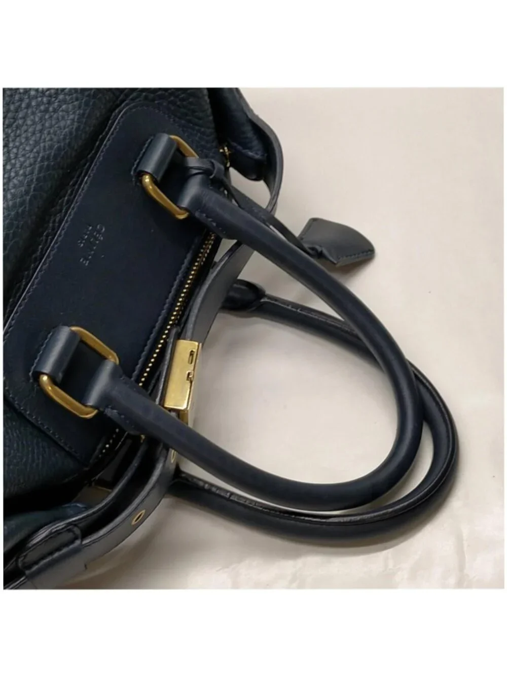 Authentic Celine Navy Blue Pebbled Leather Padlock Top Handle Doctor Satchel Bag